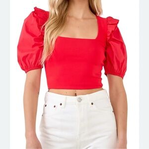 English Factory Mixed Media Puff Sleeve Square Neck Crop Top in Red